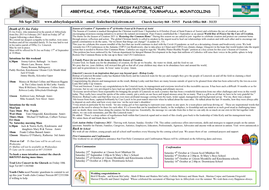 Parish Pastoral Unit Abbeyfeale, Athea, Templeglantine, Tournafulla, Mountcollins