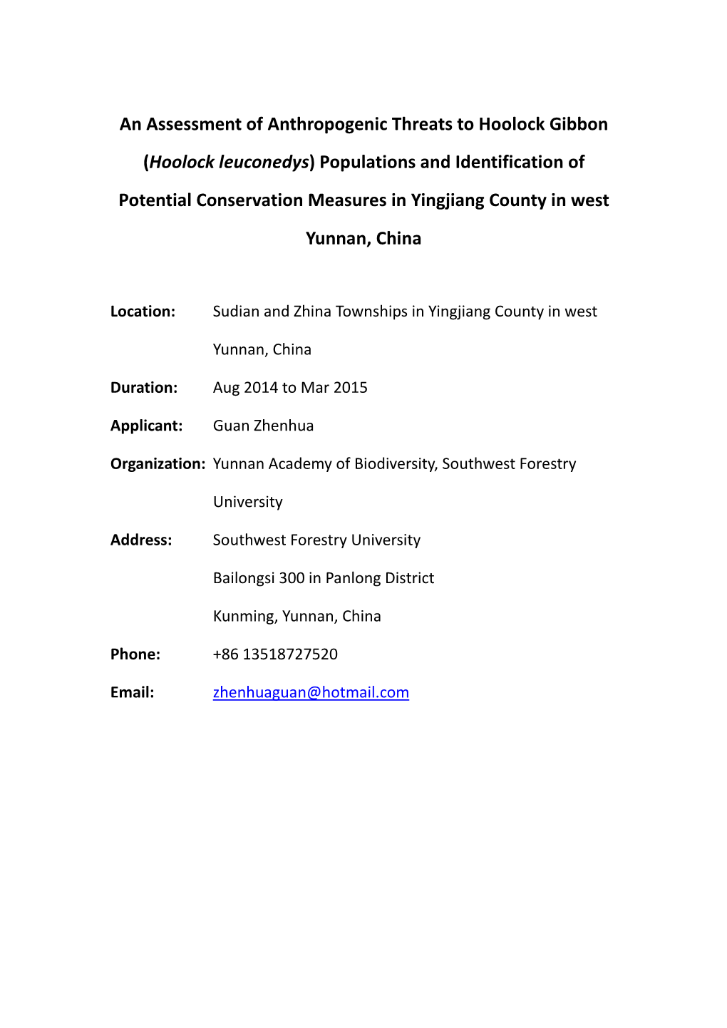 (Hoolock Leuconedys) Populations and Identification of Potential Conservation Measures in Yingjiang County in West Yunnan, China