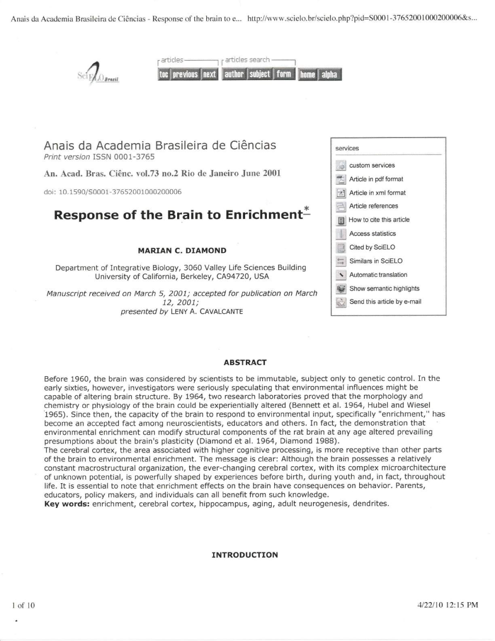 Response of the Brain to Enrichment