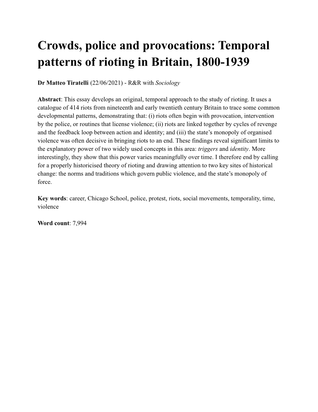 Crowds, Police and Provocations: Temporal Patterns of Rioting in Britain, 1800-1939