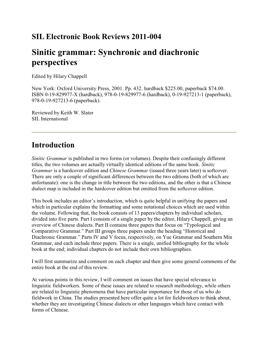 Sinitic Grammar: Synchronic and Diachronic Perspectives