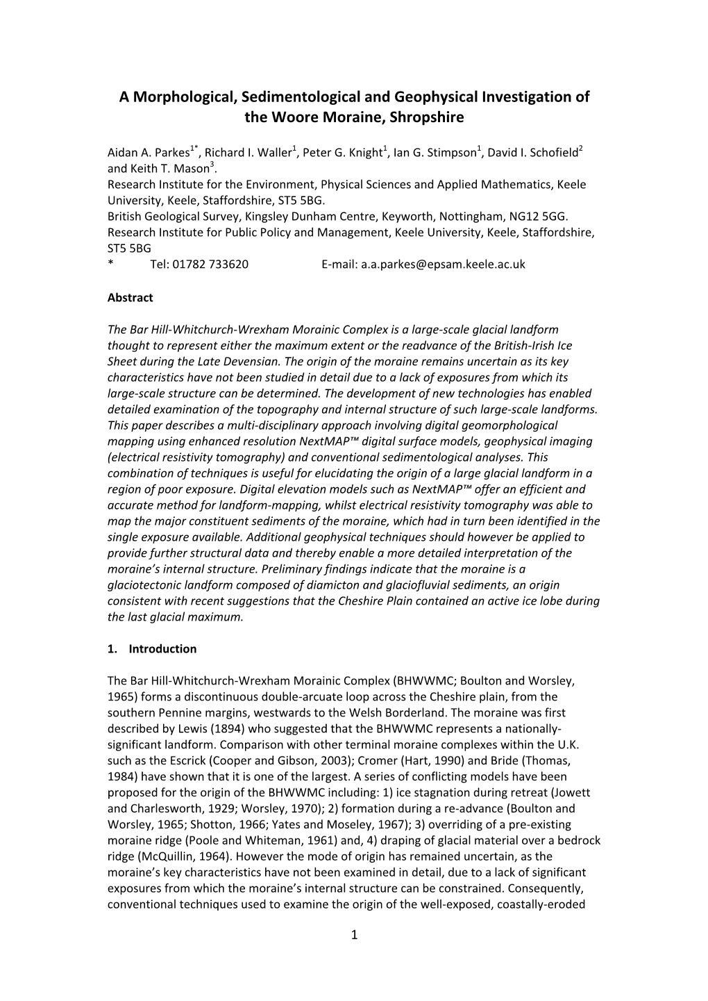 A Morphological, Sedimentological and Geophysical Investigation of the Woore Moraine, Shropshire