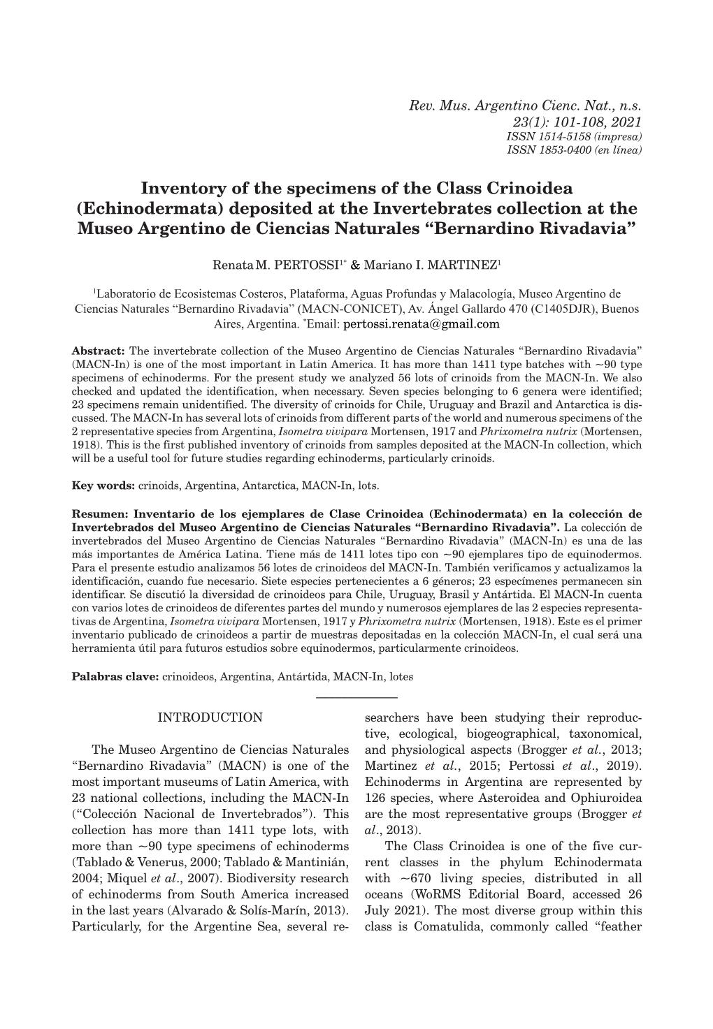 Inventory of the Specimens of the Class Crinoidea (Echinodermata) Deposited at the Invertebrates Collection at the Museo Argenti