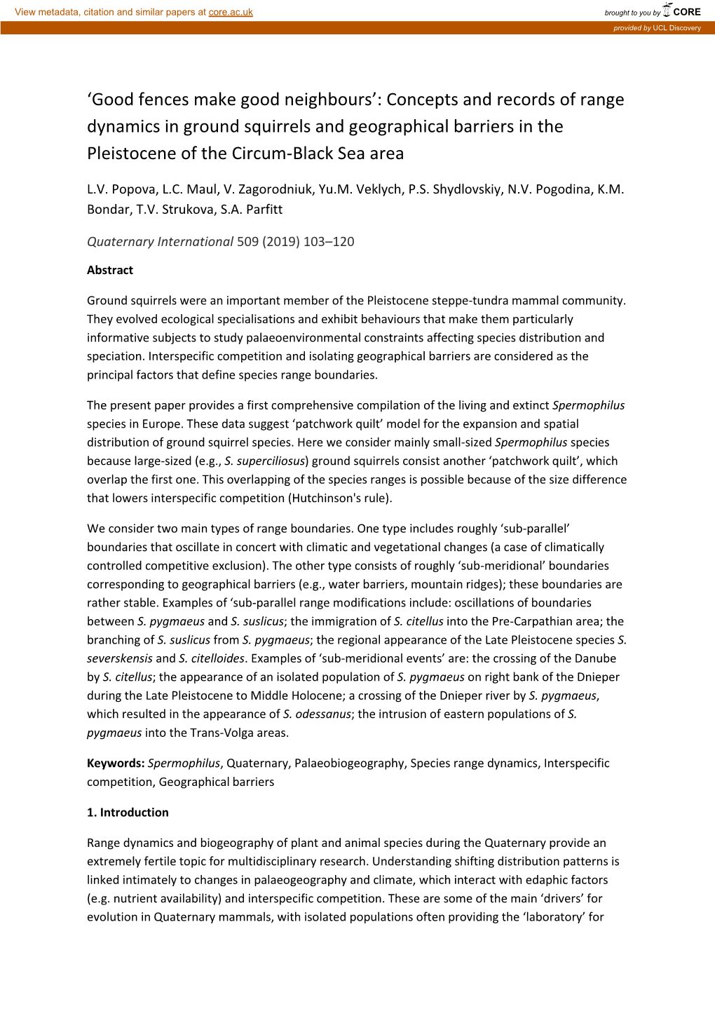 Concepts and Records of Range Dynamics in Ground Squirrels and Geographical Barriers in the Pleistocene of the Circum-Black Sea Area