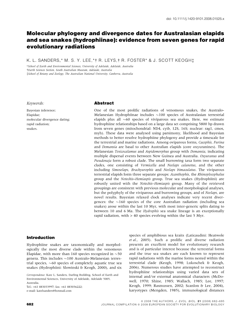 Molecular Phylogeny and Divergence Dates for Australasian Elapids and Sea Snakes (Hydrophiinae): Evidence from Seven Genes for Rapid Evolutionary Radiations