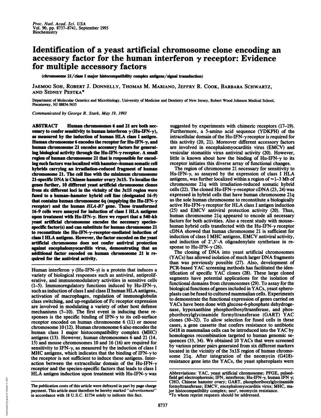 Identification of a Yeast Artificial Chromosome Clone Encoding an Accessory Factor for the Human Interferon Y Receptor