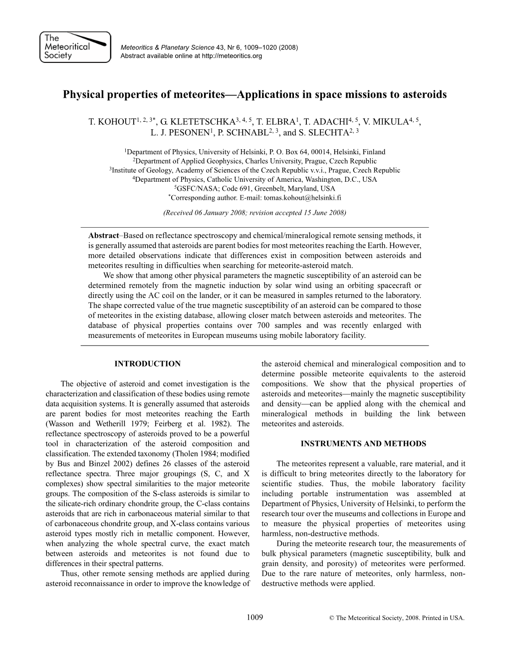 Physical Properties of Meteorites—Applications in Space Missions to Asteroids