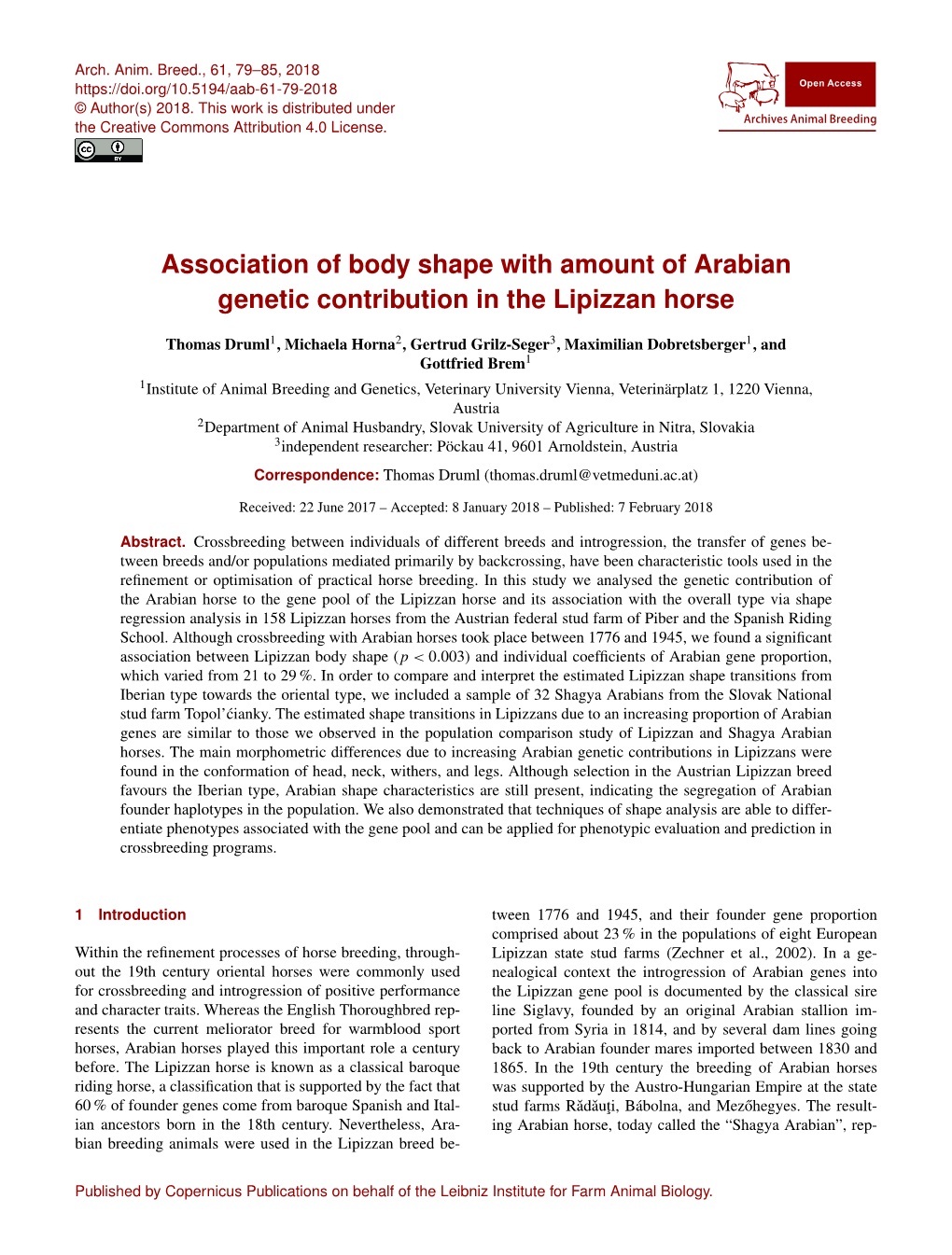 Association of Body Shape with Amount of Arabian Genetic Contribution in the Lipizzan Horse