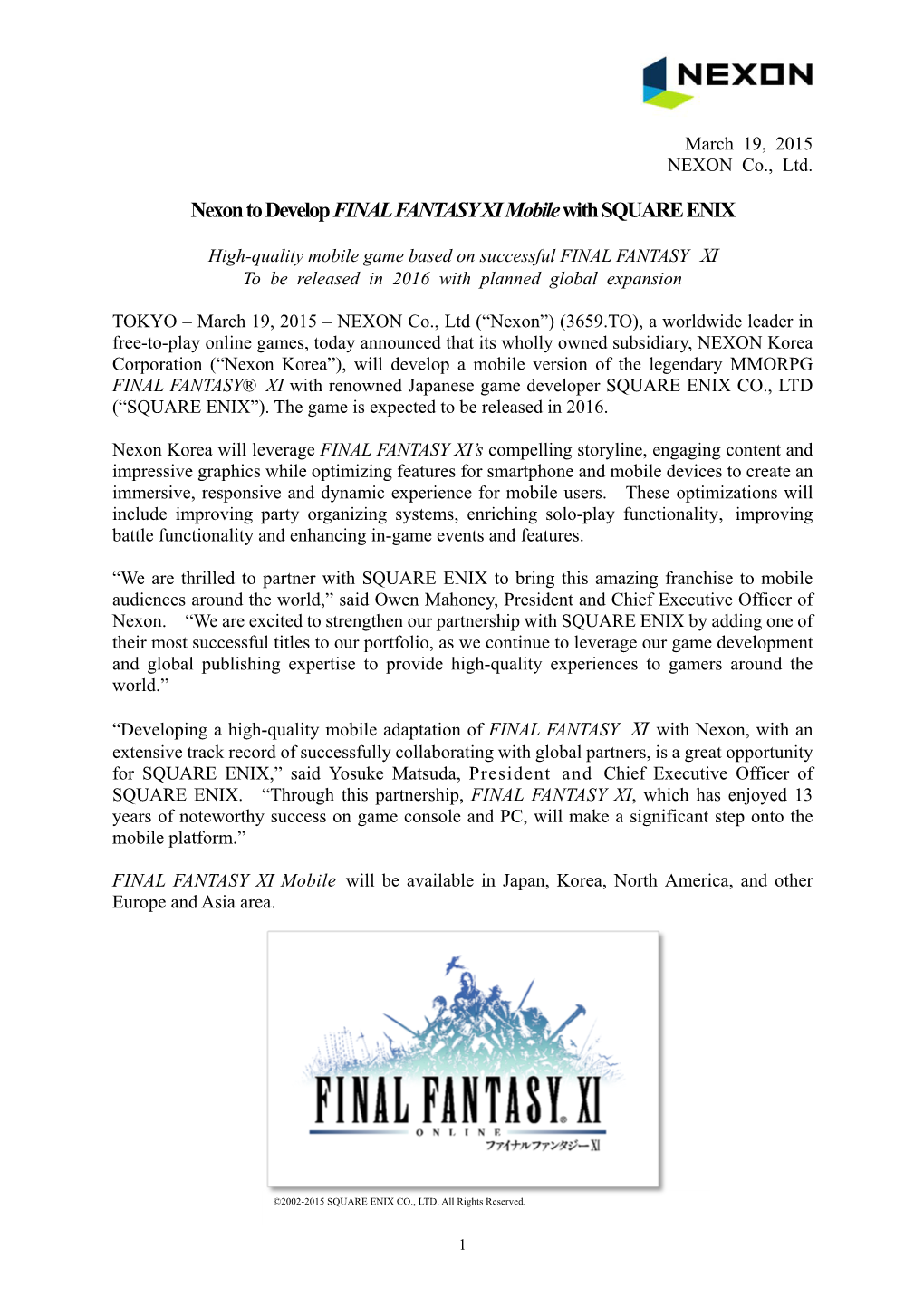 Nexon to Develop FINAL FANTASY Ximobile with SQUARE ENIX