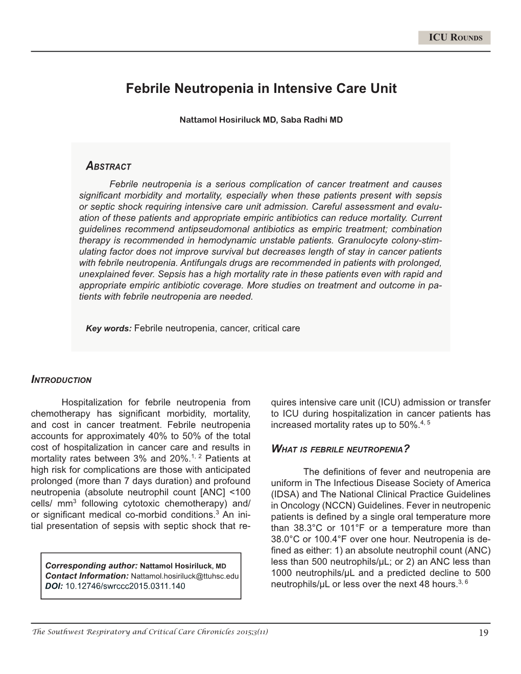 Febrile Neutropenia in Intensive Care Unit