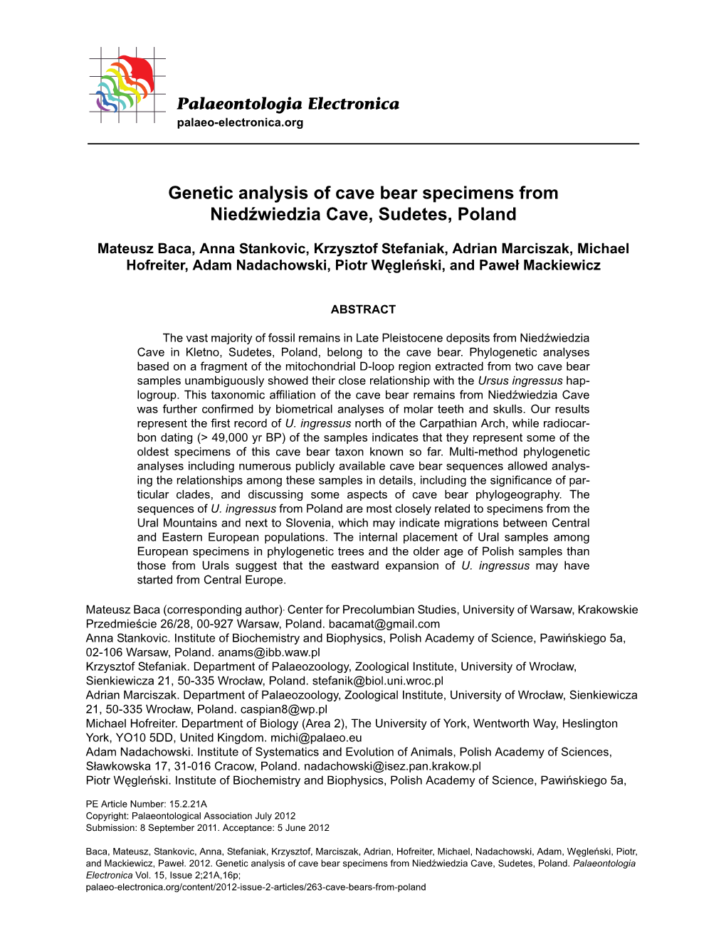 Genetic Analysis of Cave Bear Specimens from Niedźwiedzia Cave, Sudetes, Poland