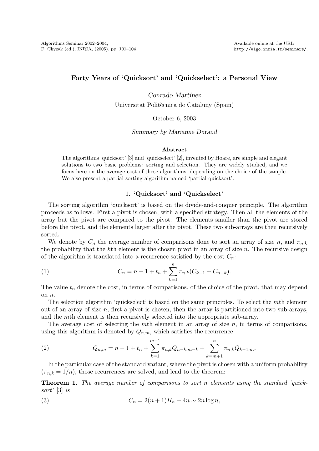 'Quicksort' and 'Quickselect'