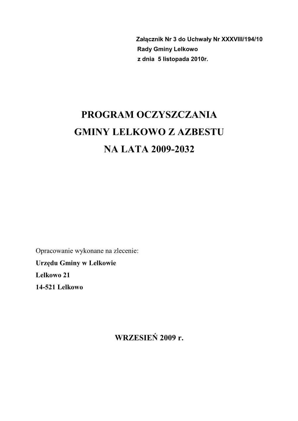 Program Oczyszczania Gminy Lelkowo Z Azbestu Na Lata 2009-2032