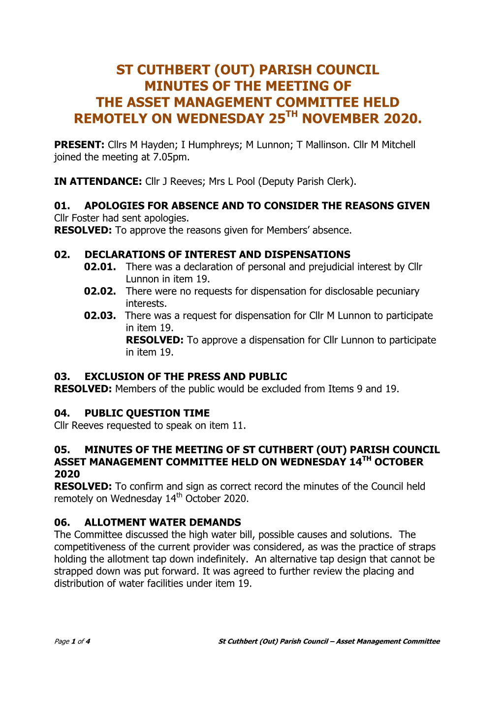 St Cuthbert (Out) Parish Council Minutes of the Meeting of the Asset Management Committee Held Remotely on Wednesday 25Th November 2020