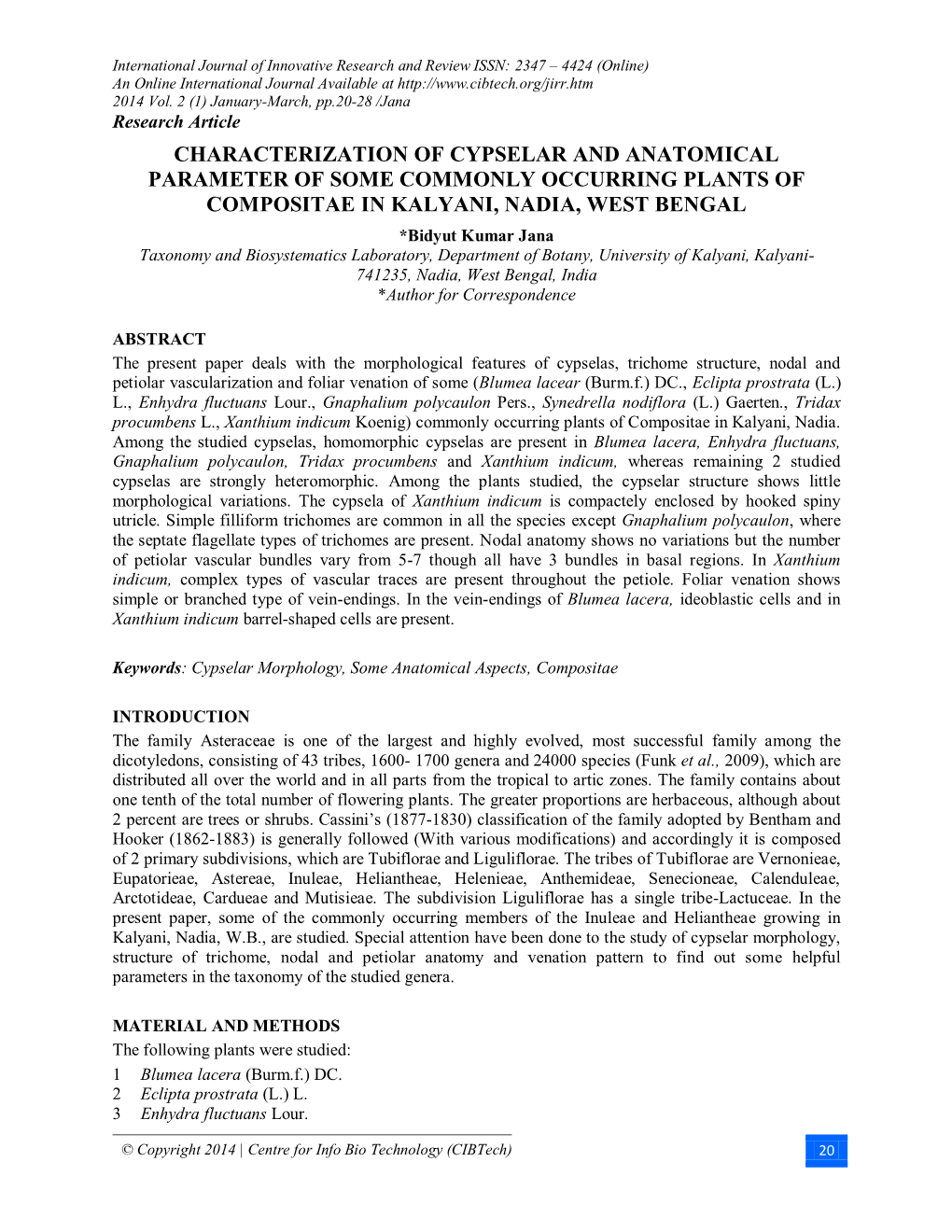 Characterization of Cypselar and Anatomical Parameter Of