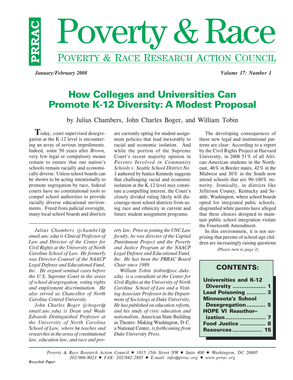 How Colleges and Universities Can Promote K-12 Diversity: a Modest Proposal by Julius Chambers, John Charles Boger, and William Tobin