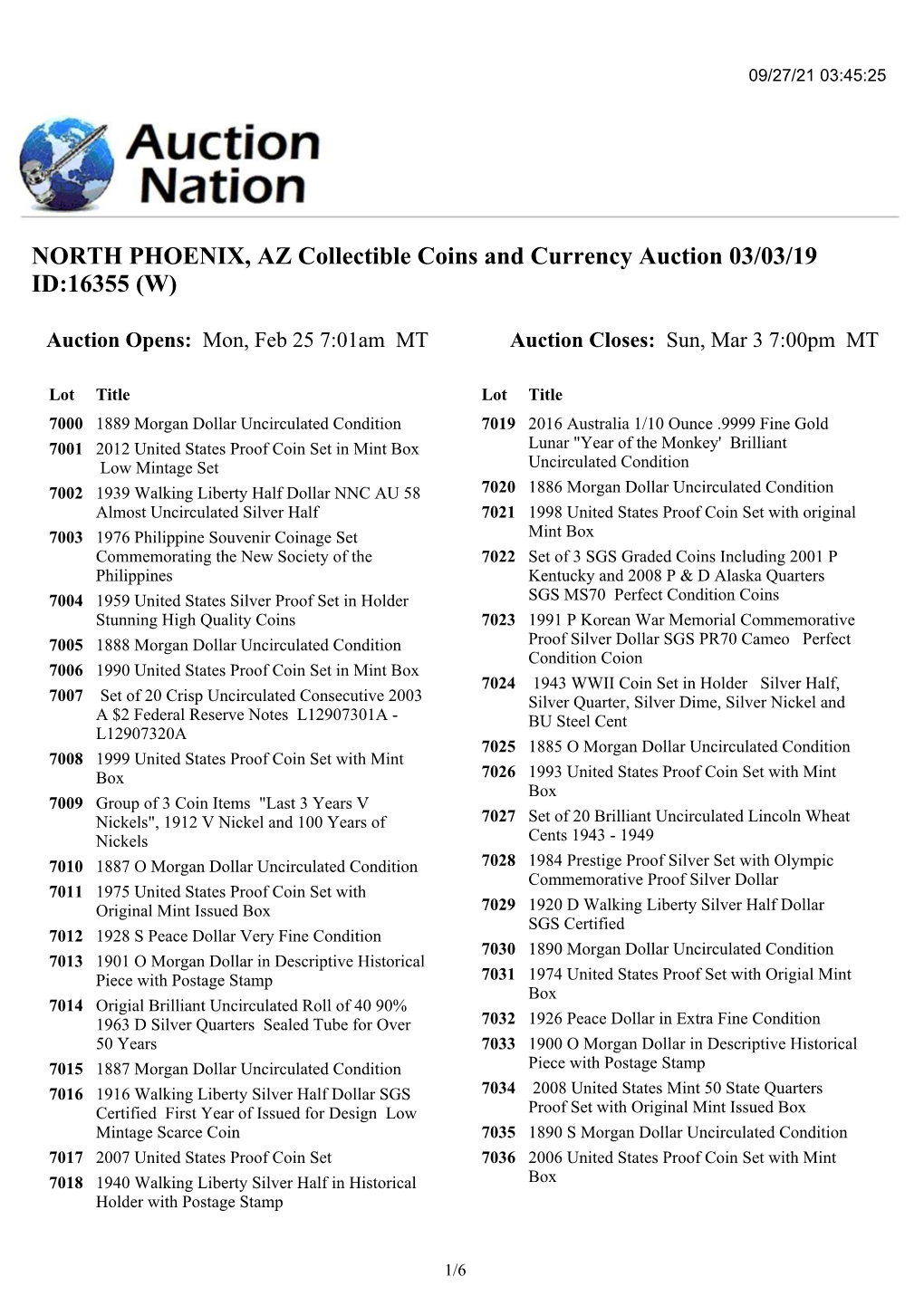 NORTH PHOENIX, AZ Collectible Coins and Currency Auction 03/03/19 ID:16355 (W)