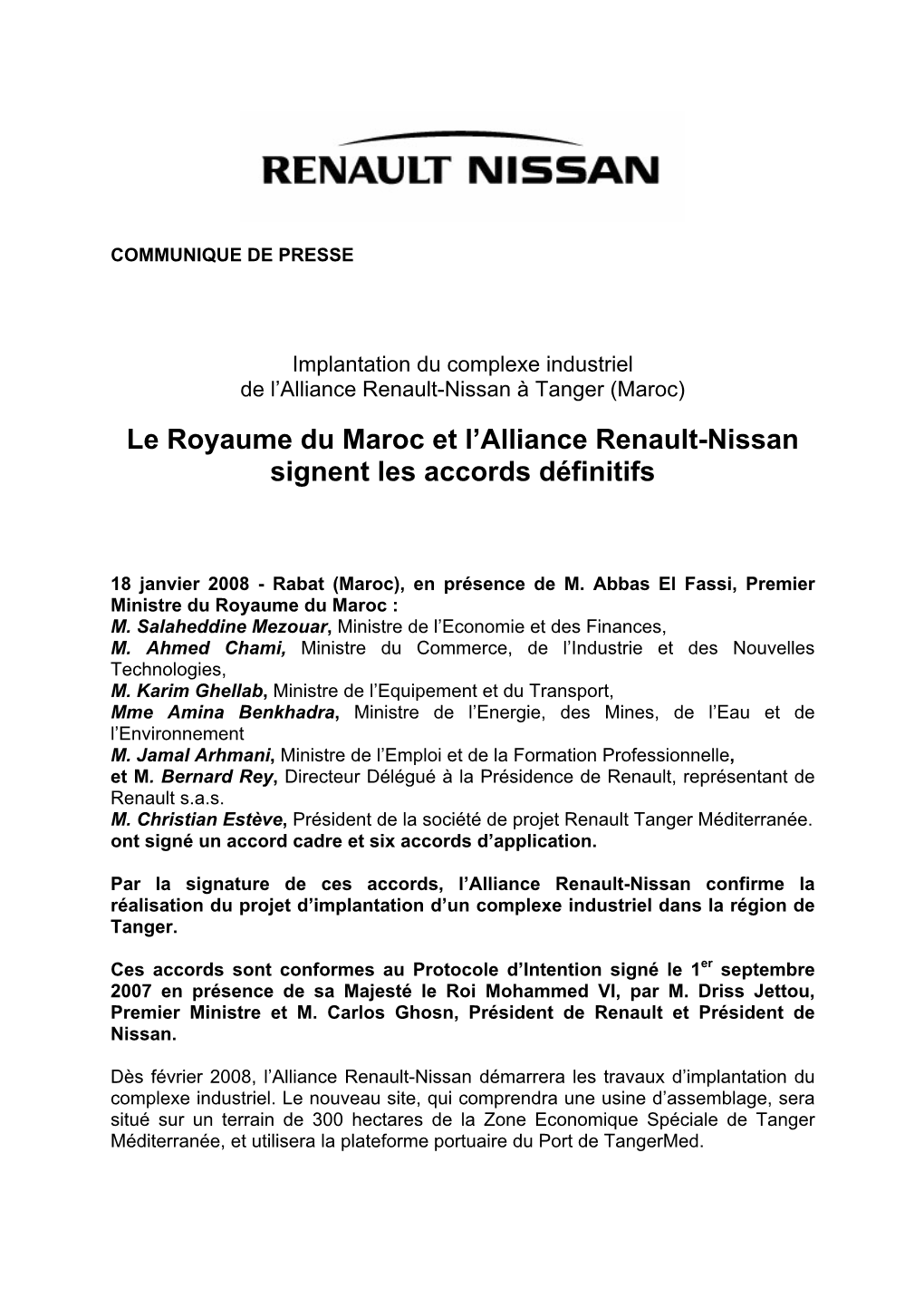 Le Royaume Du Maroc Et L'alliance Renault-Nissan Signent Les Accords