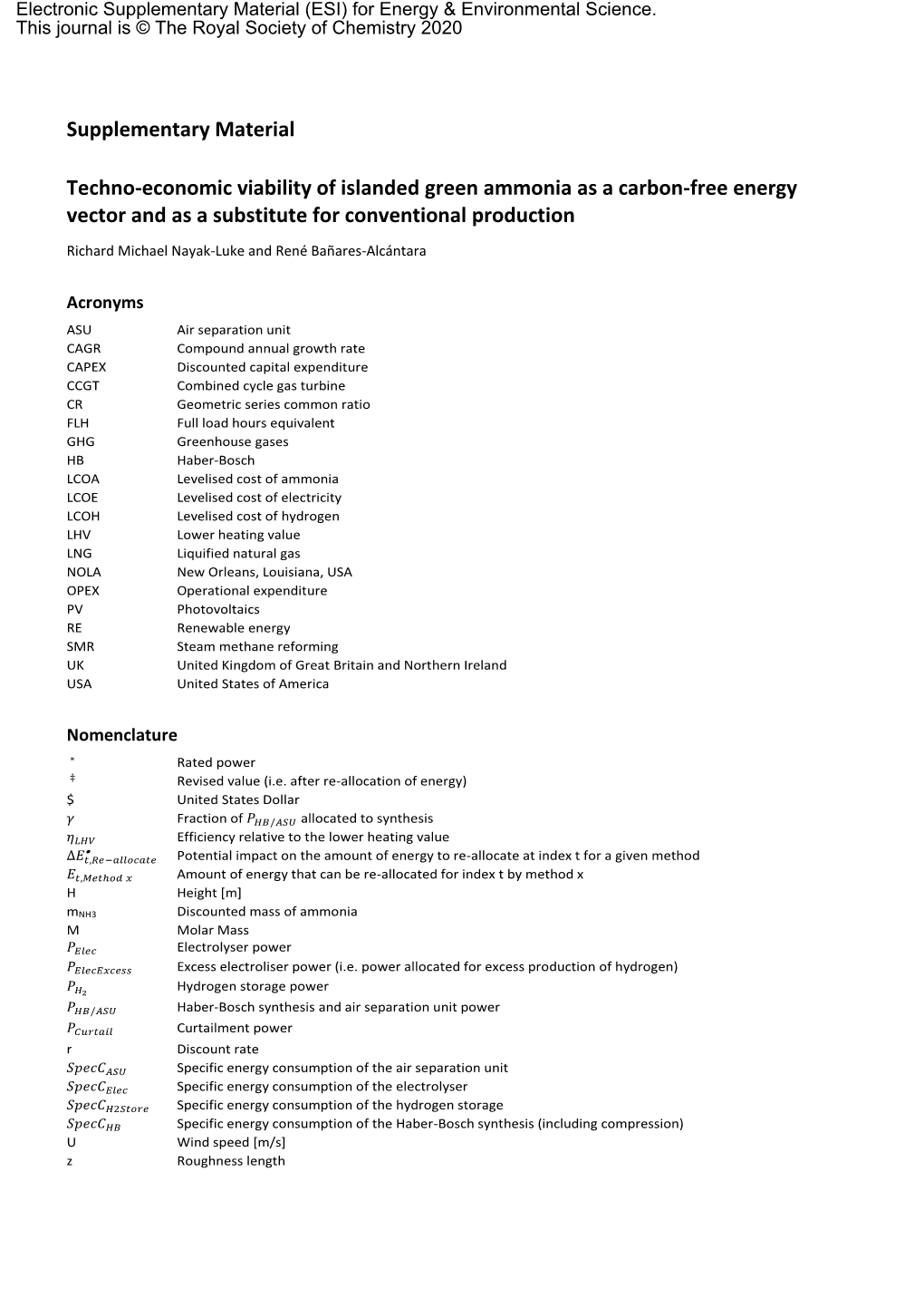 Supplementary Material Techno-Economic Viability of Islanded Green Ammonia As a Carbon-Free Energy Vector and As a Substitute Fo