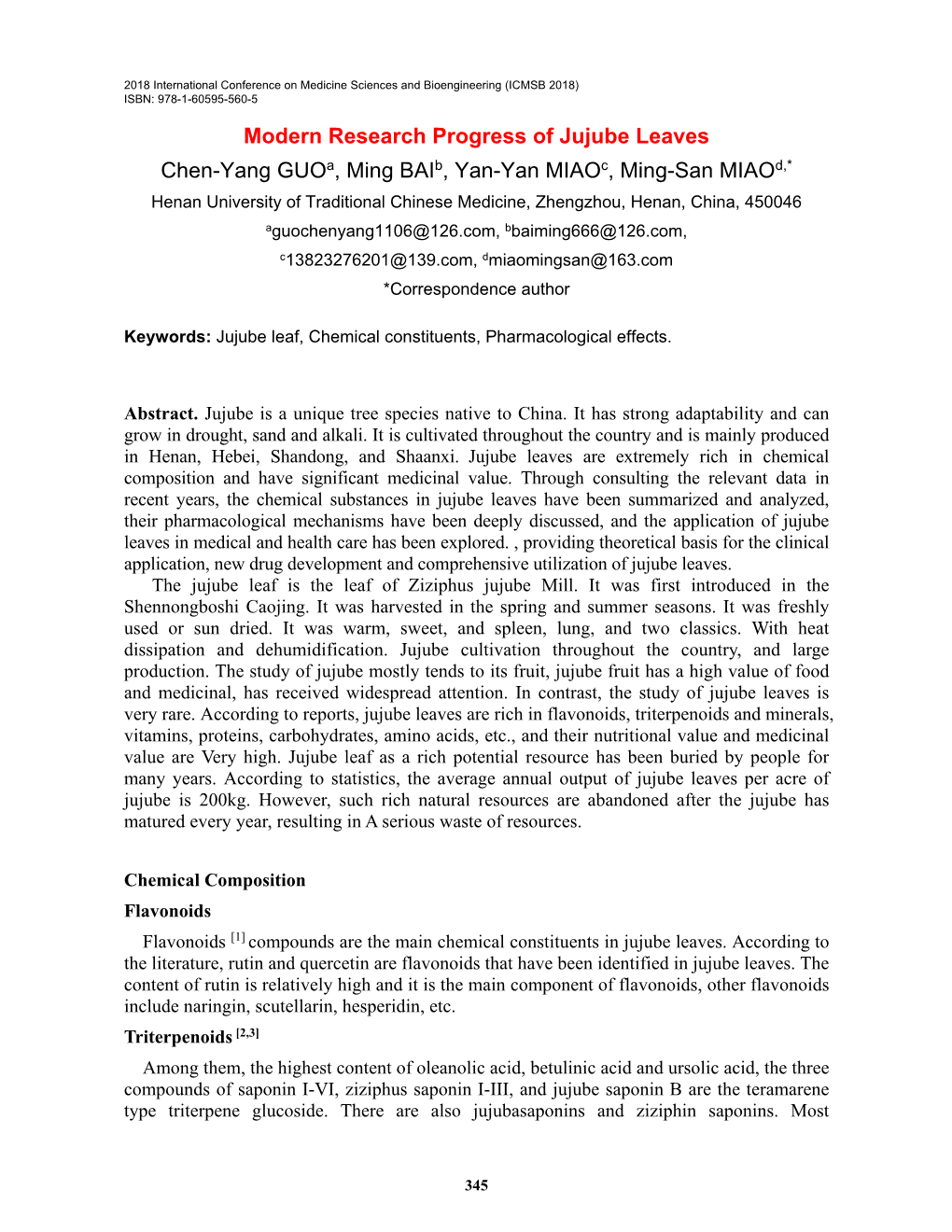 Modern Research Progress of Jujube Leaves Chen-Yang Guoa, Ming