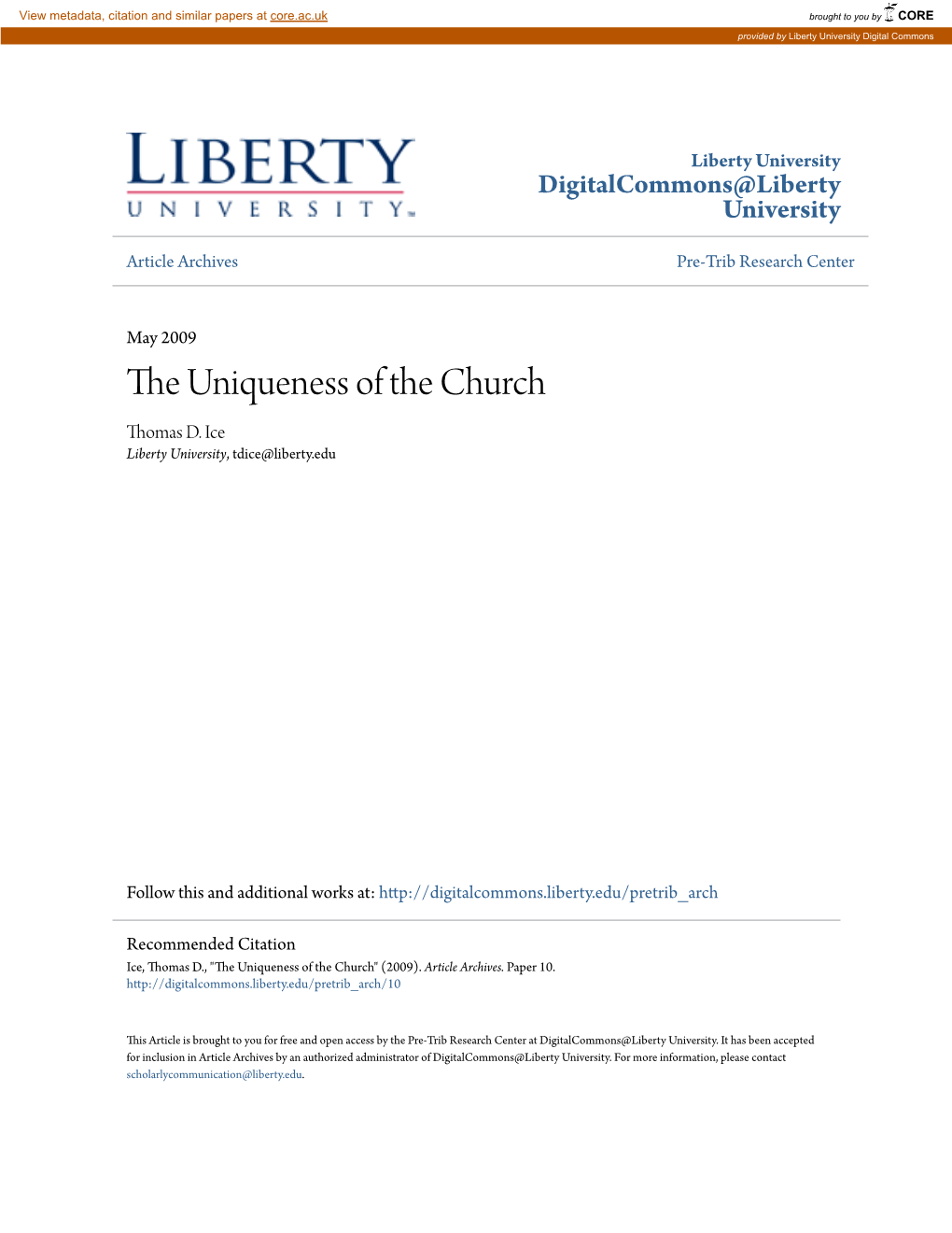 THE UNIQUENESS of the CHURCH Tom's Perspectives by Thomas Ice