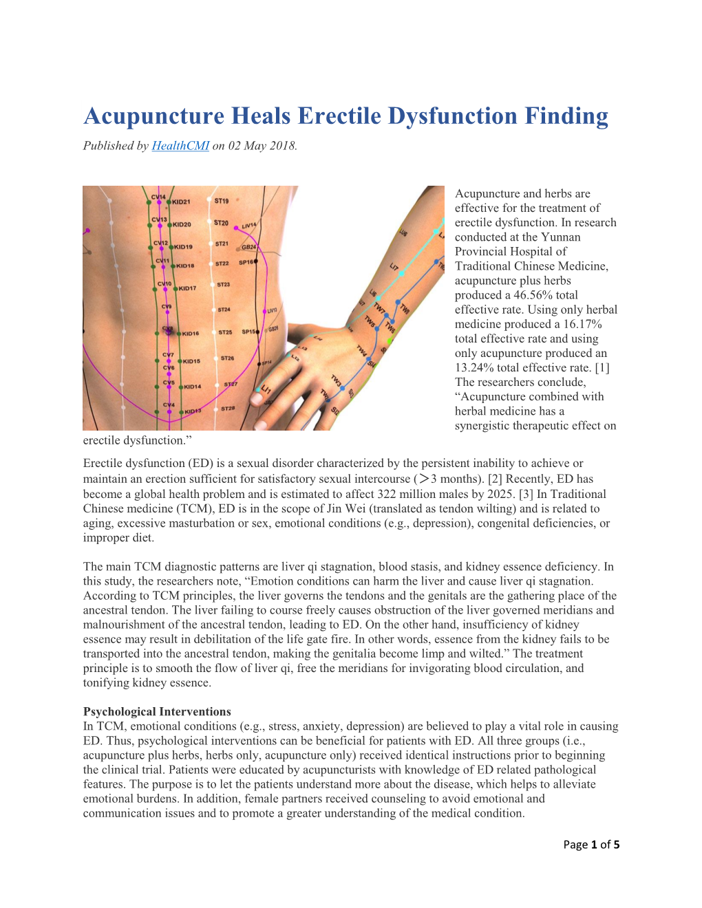 Acupuncture Heals Erectile Dysfunction Finding Published by Healthcmi on 02 May 2018