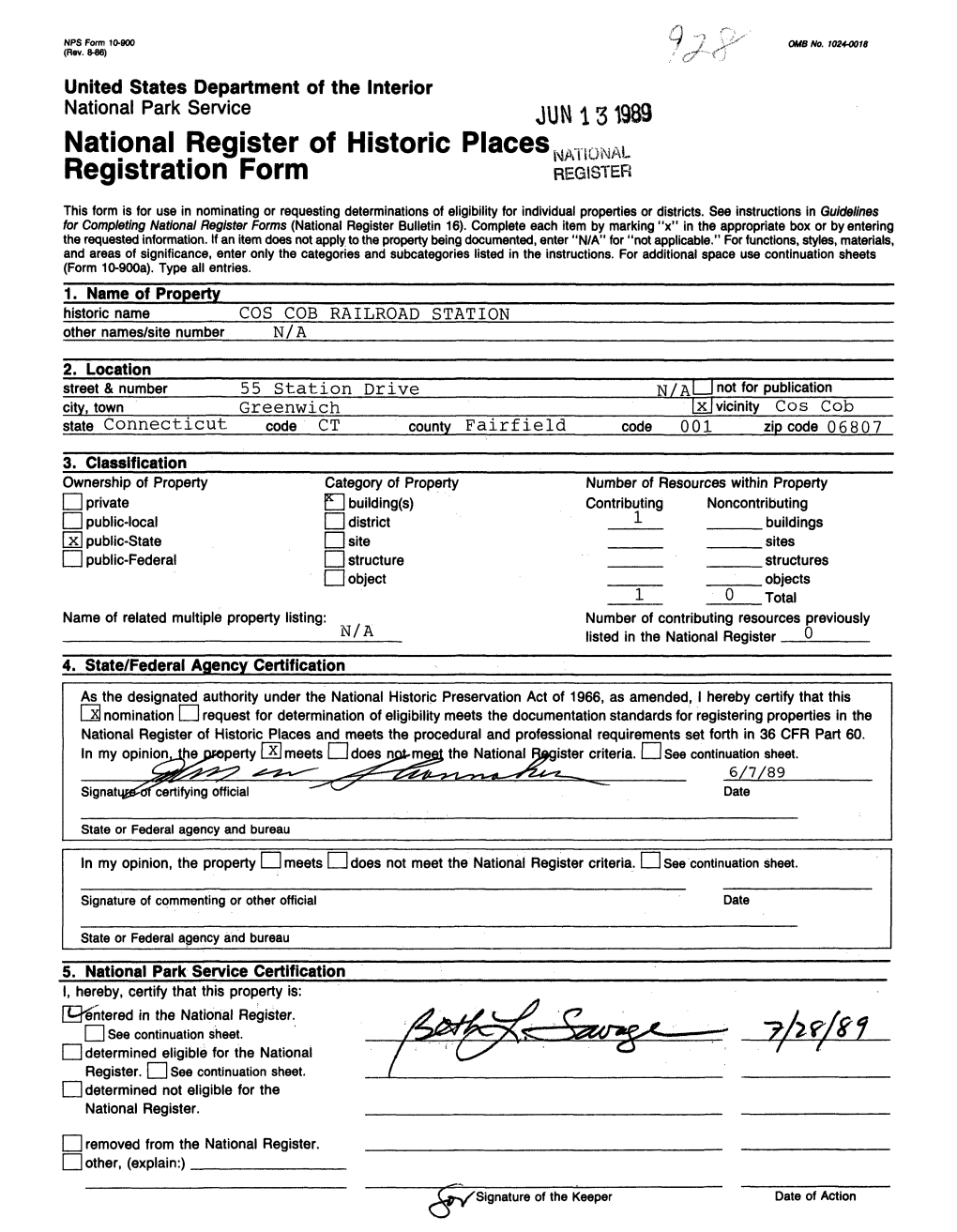 National Register of Historic Places Continuation Sheet Cos Cob Railroad Station Section Number ___1 Pagej: __Greenwich, CT