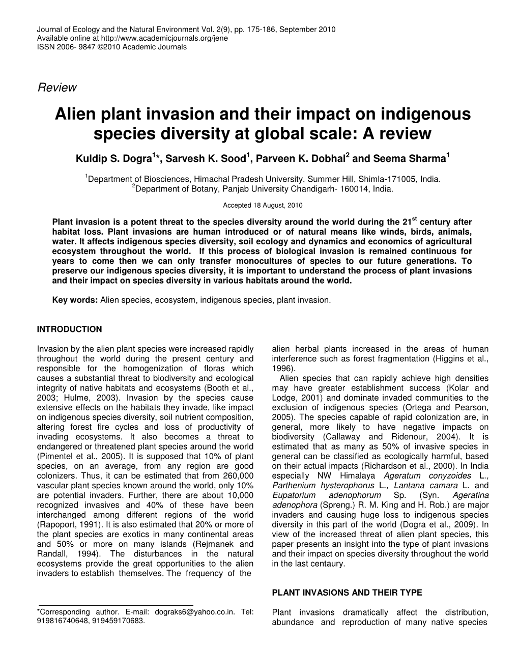 Alien Plant Invasion and Their Impact on Indigenous Species Diversity at Global Scale: a Review