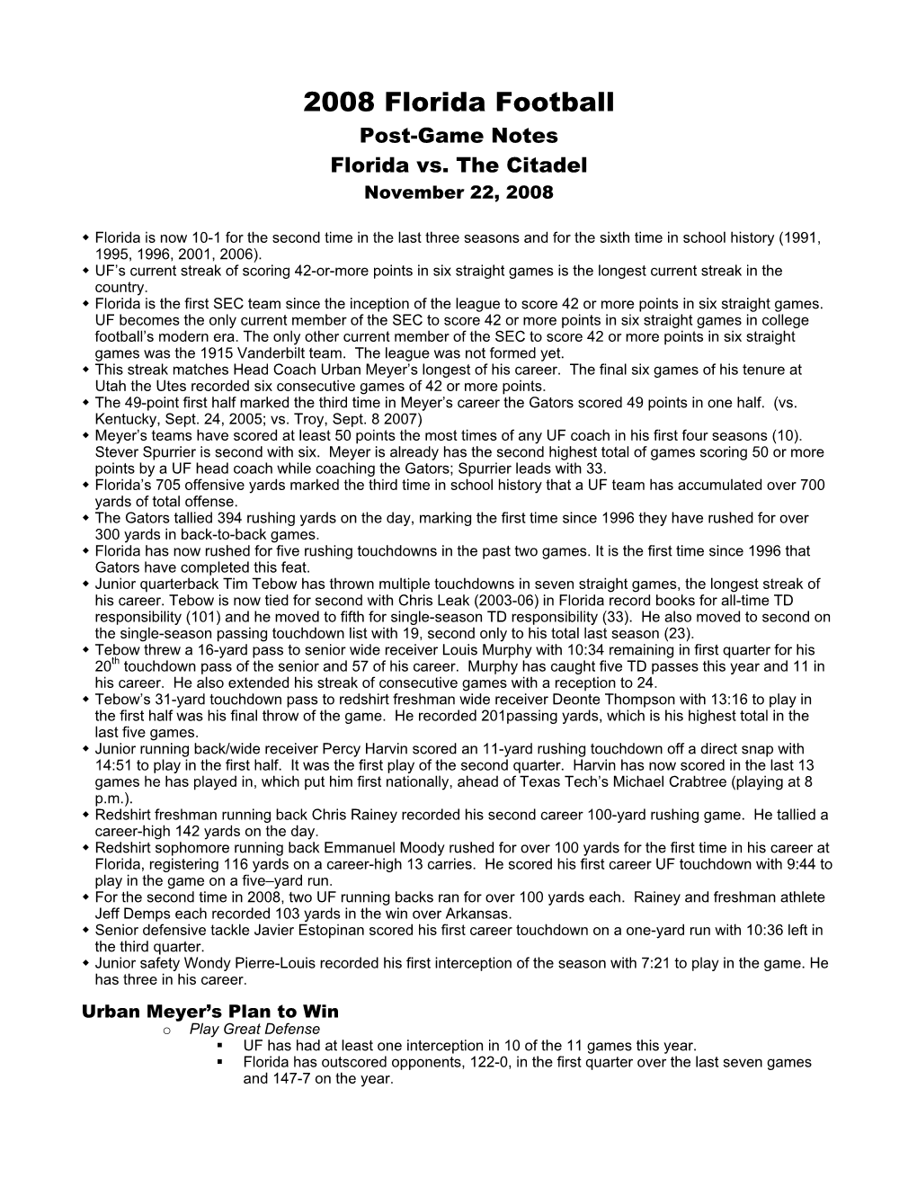 2008 Florida Football Post-Game Notes Florida Vs