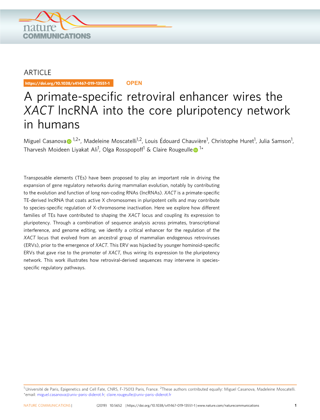 A Primate-Specific Retroviral Enhancer Wires the XACT Lncrna