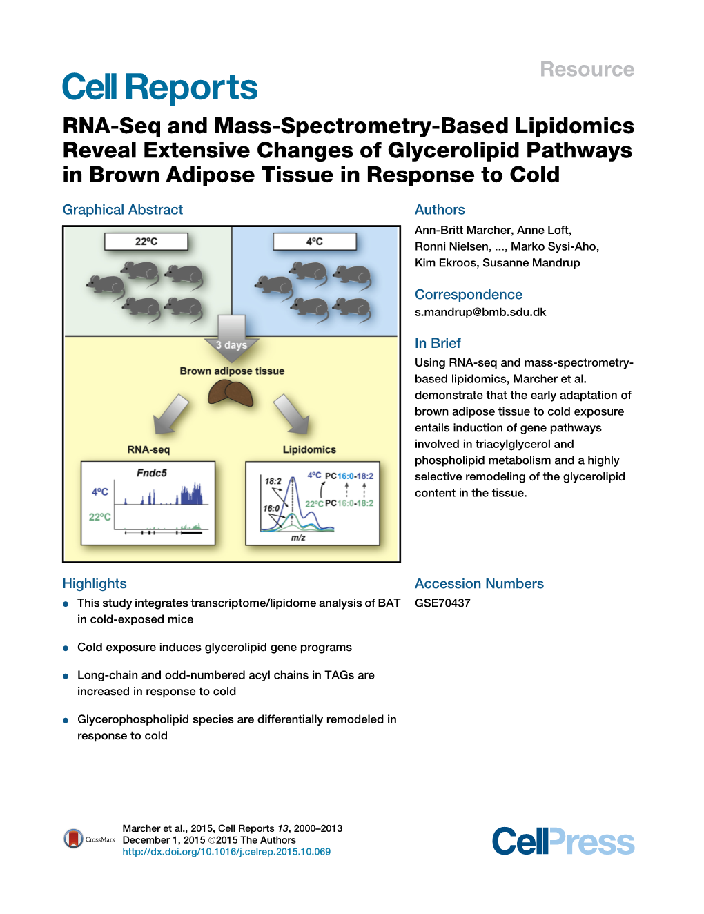 RNA-Seq and Mass-Spectrometry-Based Lipidomics Reveal Extensive Changes of Glycerolipid Pathways in Brown Adipose Tissue in Response to Cold