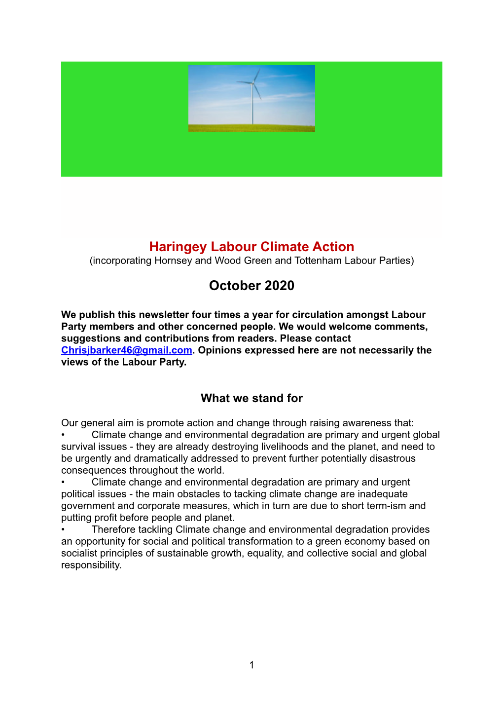 Haringey Labour Climate Action Newsletter October 2020