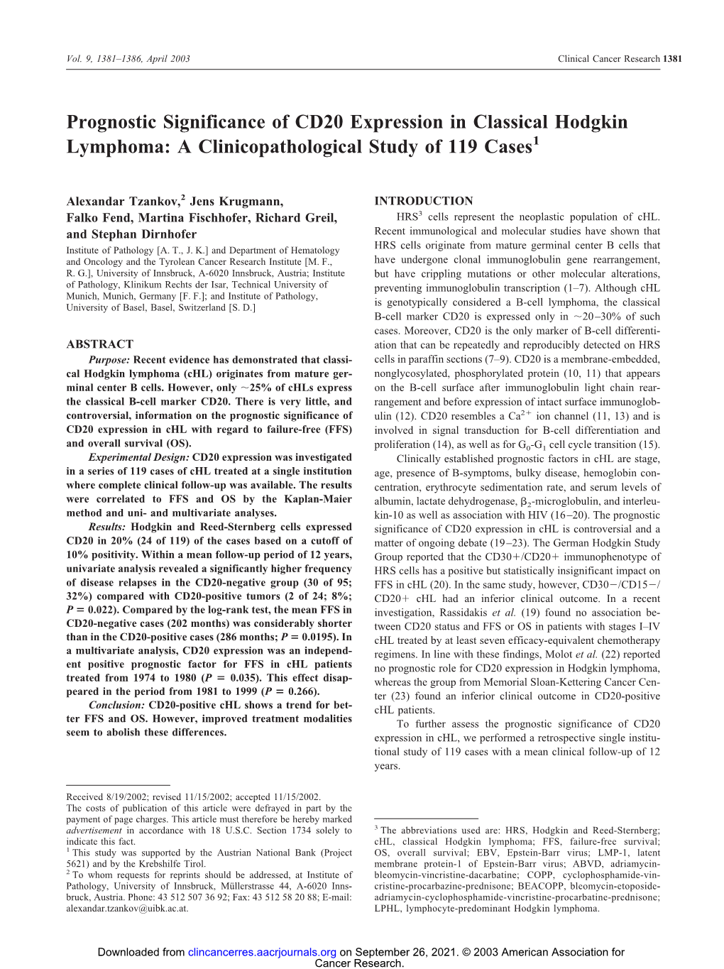 Prognostic Significance of CD20 Expression in Classical Hodgkin Lymphoma: a Clinicopathological Study of 119 Cases1