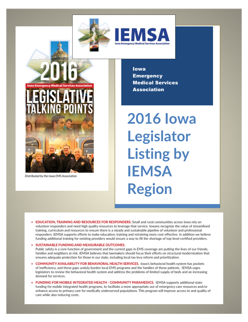 2016 Iowa Legislator Listing by IEMSA Region