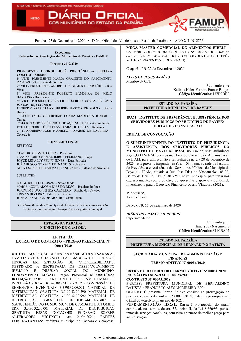 Paraíba , 23 De Dezembro De 2020 • Diário Oficial Dos Municípios Do Estado Da Paraíba • ANO XII | Nº 2756