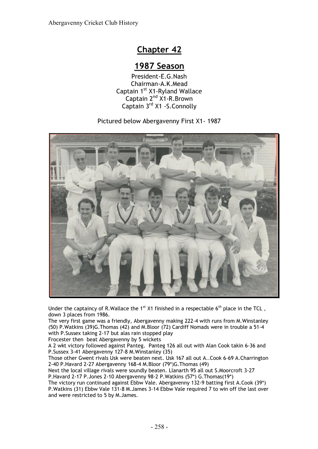 1987 Season President-E.G.Nash Chairman-A.K.Mead Captain 1St X1-Ryland Wallace Captain 2Nd X1-R.Brown Captain 3Rd X1 -S.Connolly