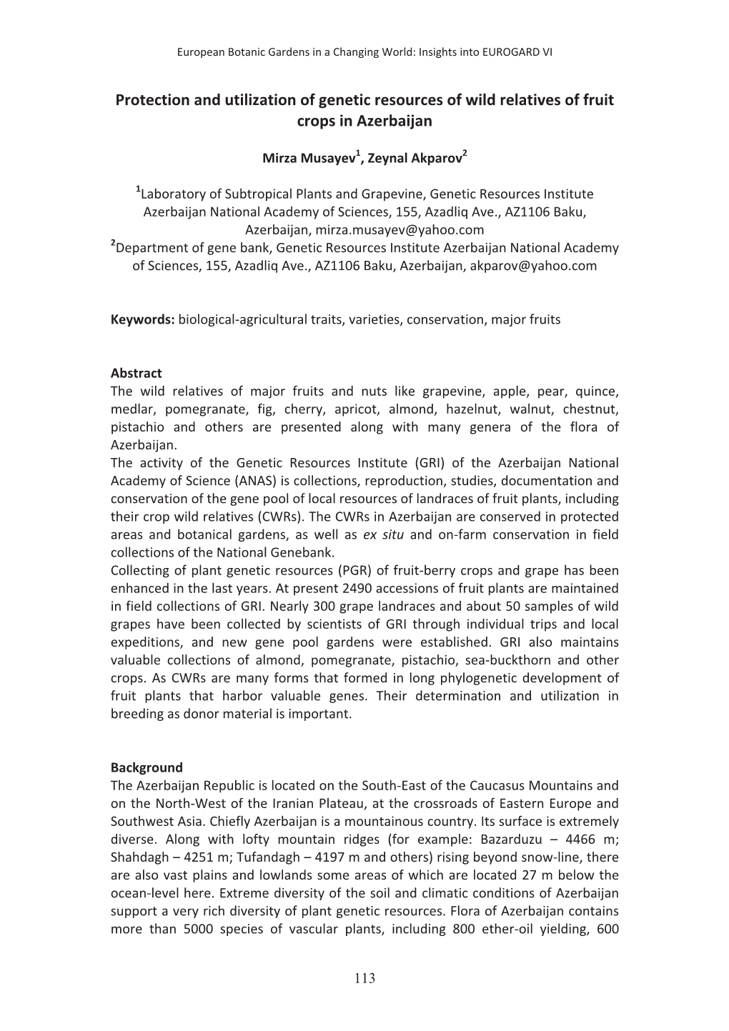 Protection and Utilization of Genetic Resources of Wild Relatives of Fruit Crops in Azerbaijan