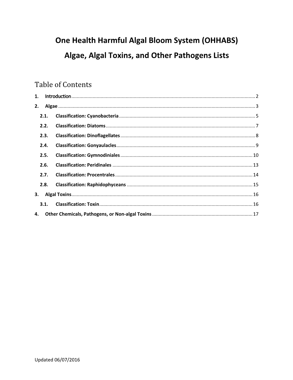 (OHHABS) Algae, Algal Toxins, and Other Pathogens Lists