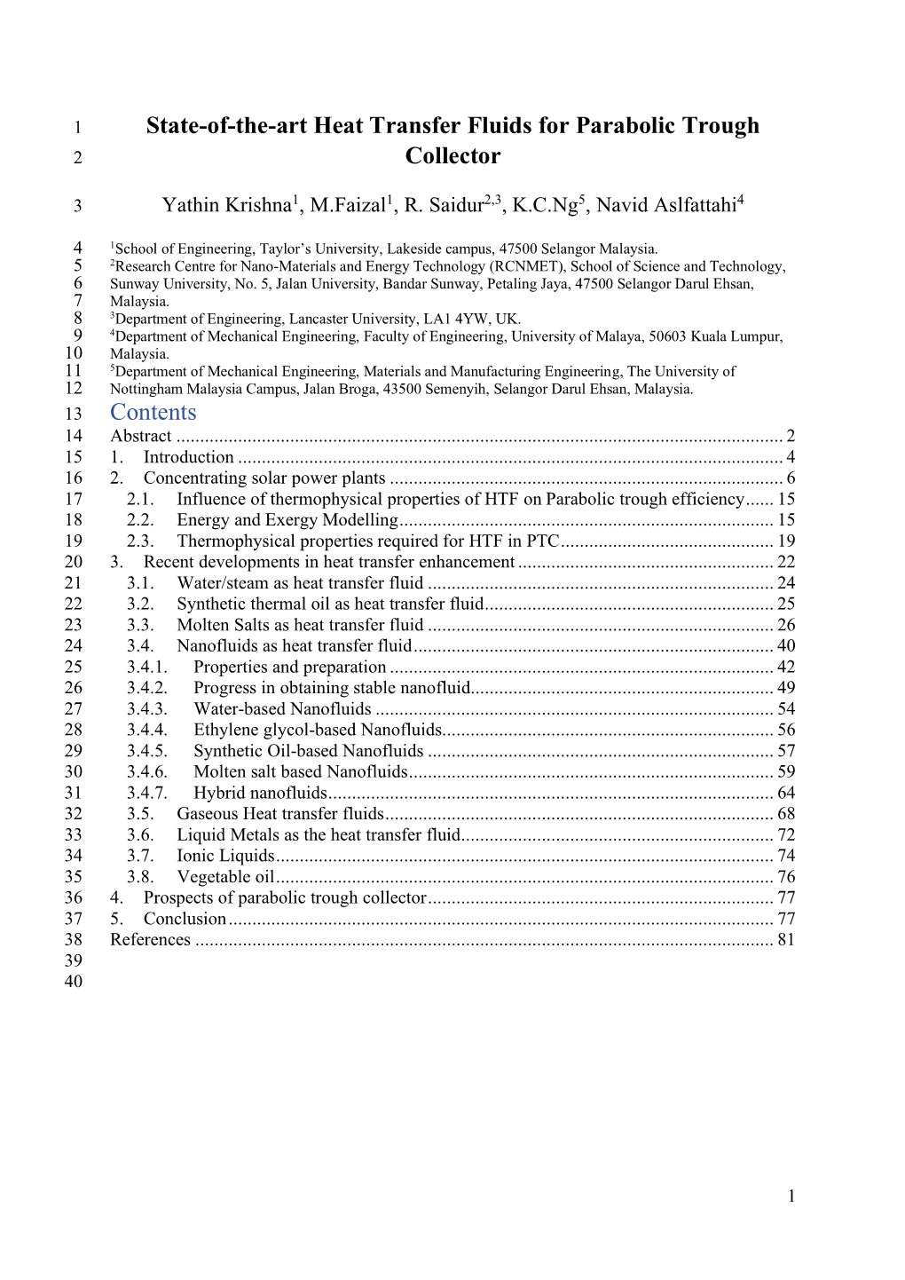 State-Of-The-Art Heat Transfer Fluids for Parabolic Trough 2 Collector