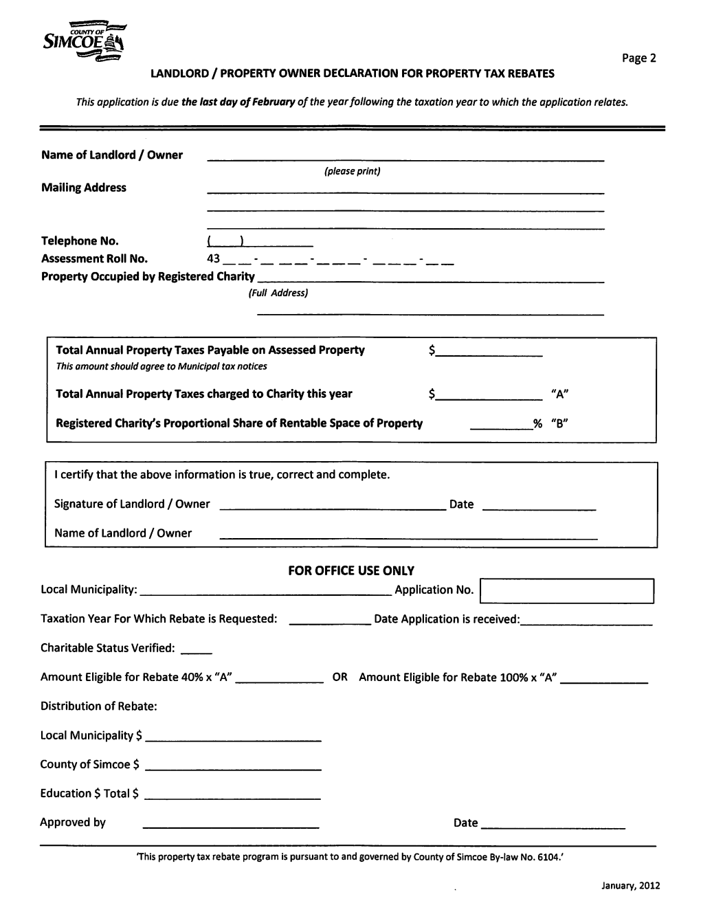 Smcoess Page 2 LANDLORD / PROPERTY OWNER DECLARATION FORPROPERTY TAX REBATES