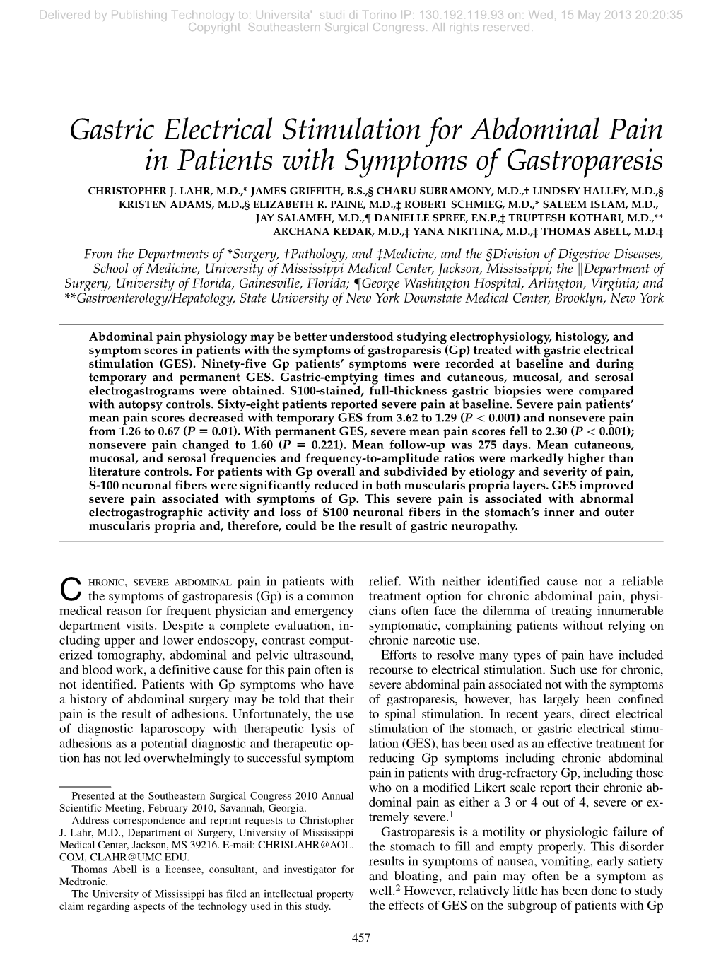 Gastric Electrical Stimulation for Abdominal Pain in Patients with Symptoms of Gastroparesis CHRISTOPHER J