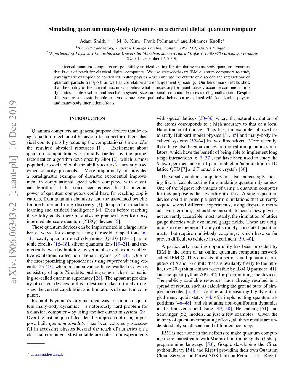 Simulating Quantum Many-Body Dynamics on a Current Digital Quantum Computer