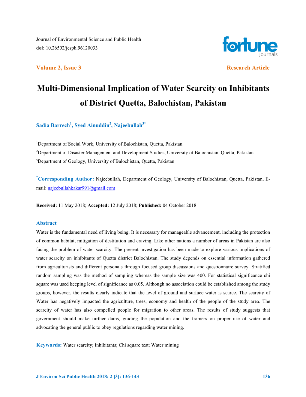 Multi-Dimensional Implication of Water Scarcity on Inhibitants of District Quetta, Balochistan, Pakistan