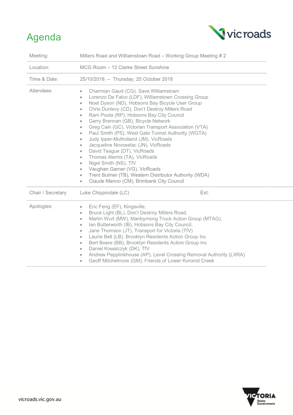 20181025 Millers Road and Williamstown Road WG2 Minutes
