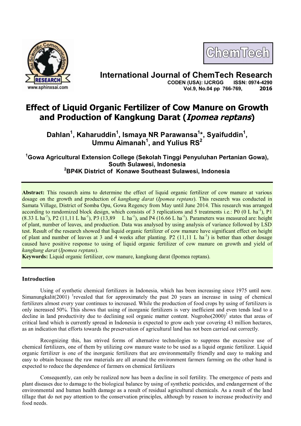 Effect of Liquid Organic Fertilizer of Cow Manure on Growth and Production of Kangkung Darat (Ipomea Reptans)