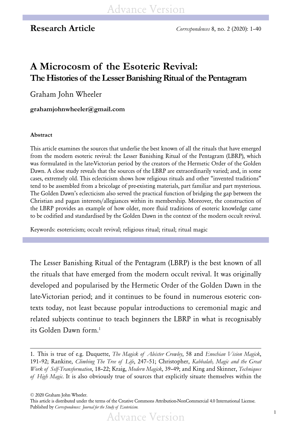 The Histories of the Lesser Banishing Ritual of the Pentagram Graham John Wheeler Grahamjohnwheeler@Gmail.Com