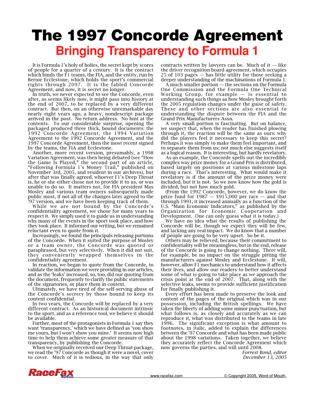 The 1997 Concorde Agreement Bringing Transparency to Formula 1