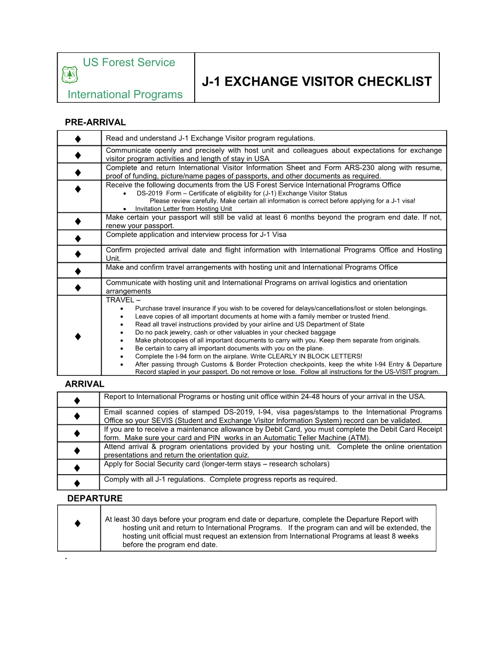 J-1 Exchange Visitor Checklist