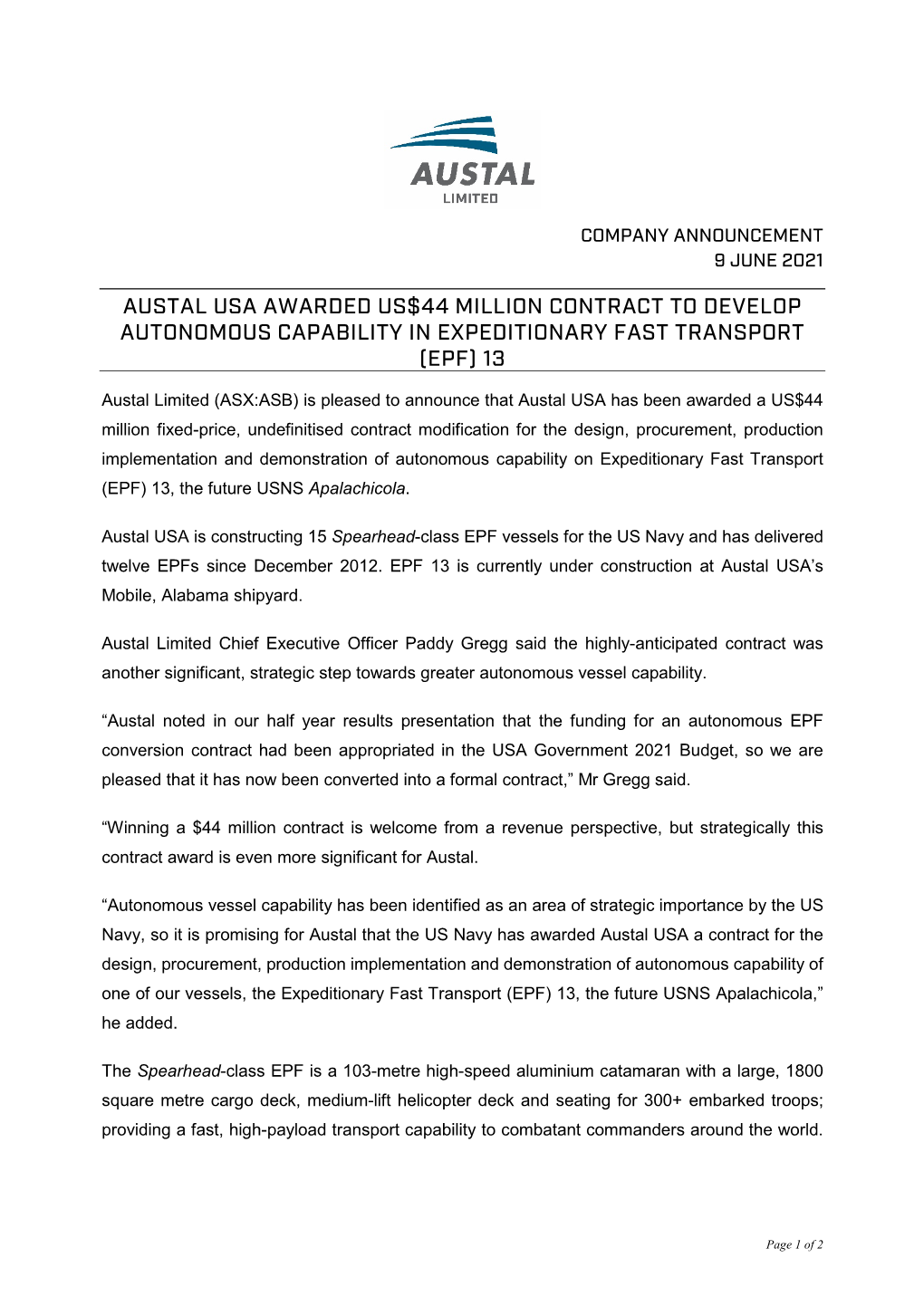 Austal USA Awarded US44M EPF Autonomous Capability Contract