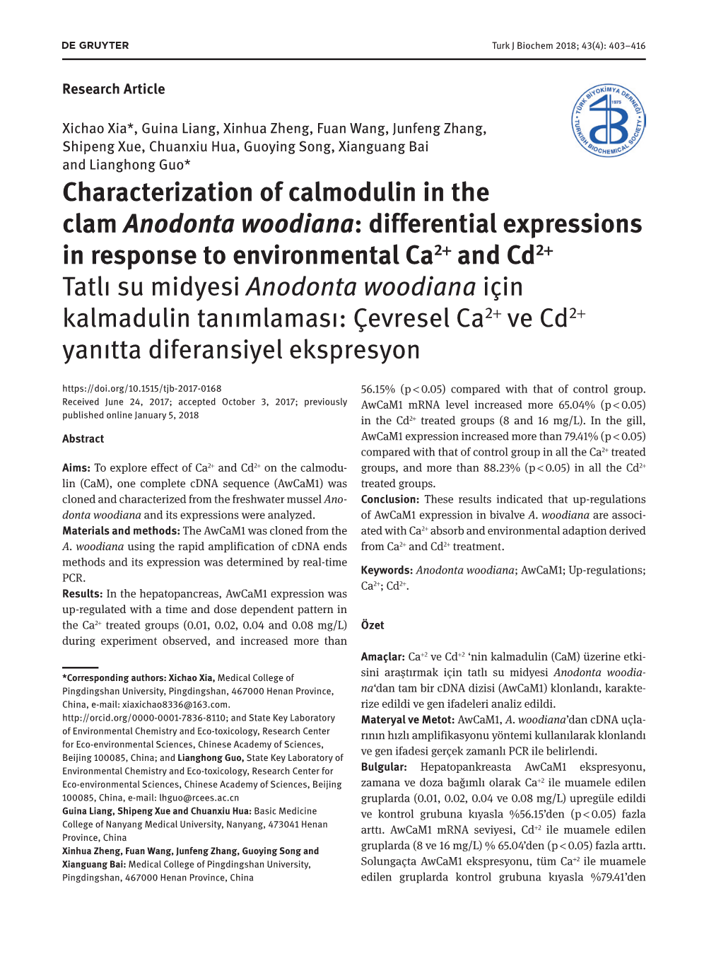 Characterization of Calmodulin in the Clam Anodonta Woodiana